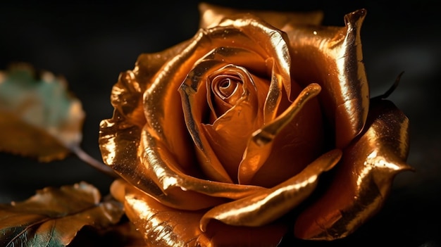 Eine Nahaufnahme einer Rose mit goldener Farbe und schwarzem Hintergrund