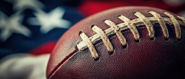 Foto eine nahaufnahme eines textierten american footballs mit detaillierten schnürsenkeln auf einem verschwommenen hintergrund der amerikanischen flagge