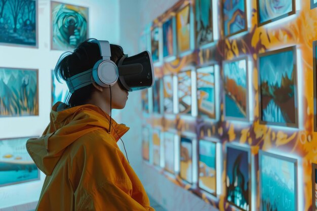 Foto eine person, die an einer virtuellen kunstausstellung mit vr-brillen und einer virtuellen galerie teilnimmt