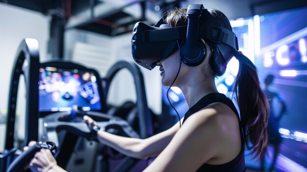 Foto eine person, die ein vr-laufband für ein immersives gaming-erlebnis benutzt