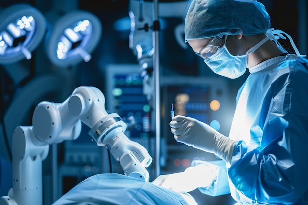 Foto eine person in einer chirurgischen uniform operiert einen patienten