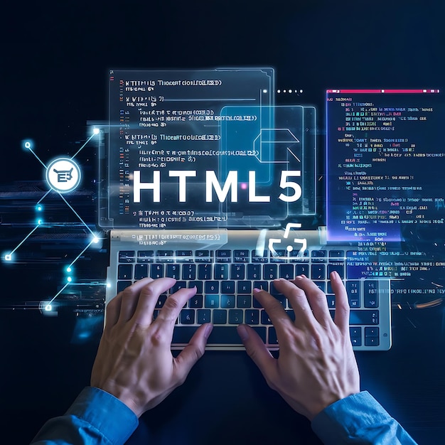 Foto eine person schreibt mit den händen auf einer tastatur mit einer holographischen schnittstelle, die html5-codierelemente projiziert
