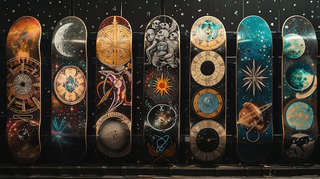 Foto eine reihe von skateboards mit komplizierten kosmischen mustern mit himmelskörpern, uhren und sternbildern