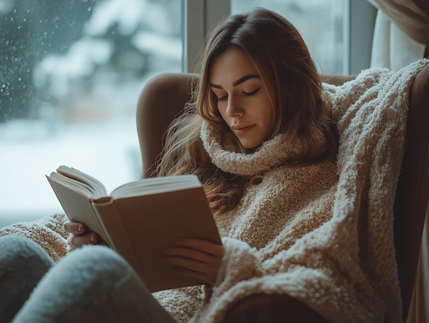 Foto eine ruhige frau entspannt sich am fenster und liest ein buch an einem schneebedeckten tag