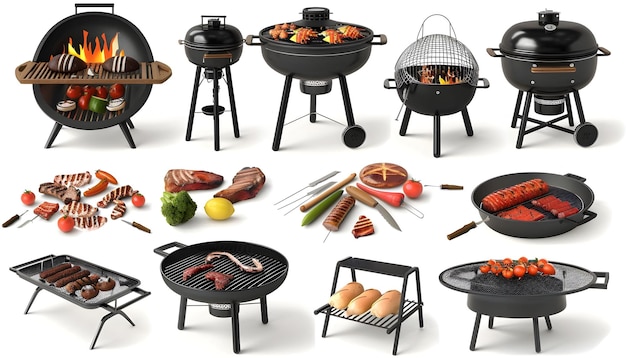 Foto eine sammlung verschiedener kochartikel, darunter ein grill, ein barbecue und ein grill