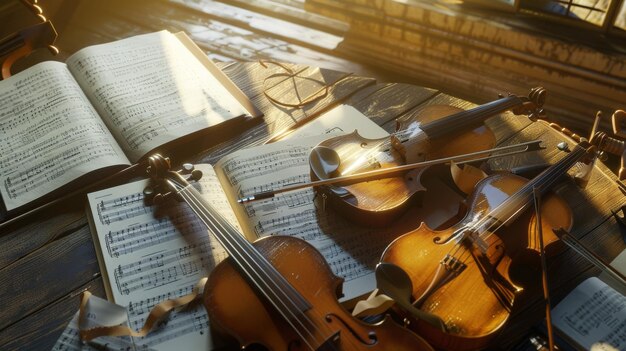 Foto eine sammlung von saiteninstrumenten und musikpartitur erfrischen sich im warmen sonnenlicht auf einem holztisch und erfassen die romantik der musikkomposition