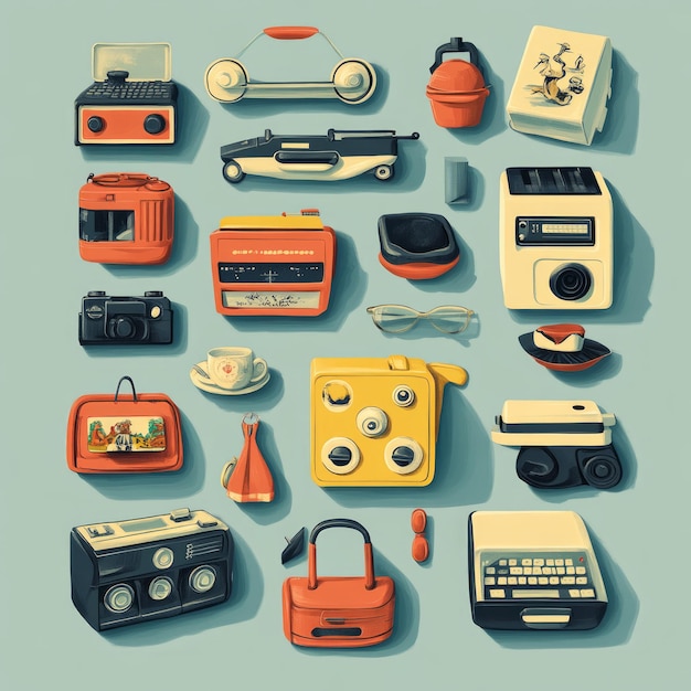 Foto eine sammlung von vintage-gadgets und objekten, die retro-design und nostalgie zeigen