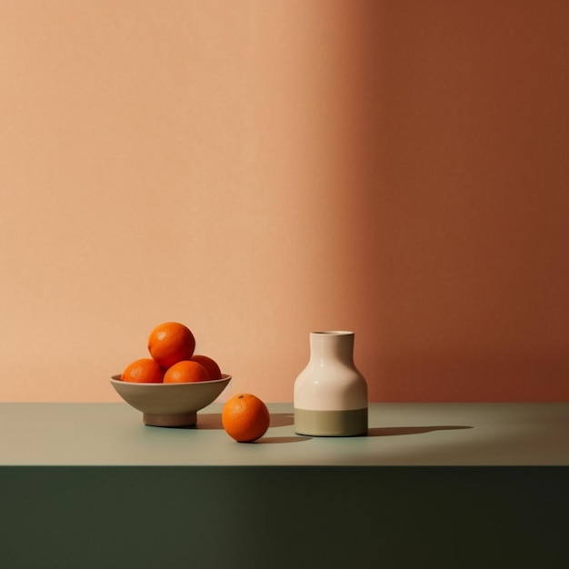 Foto eine schale mit orangen und eine vase mit einer weißen vase auf einem tisch.