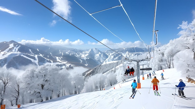 Foto eine skiliftfahrt mit blick auf eine riesige schneebedeckte landschaft, die von skifahrern und snowboardfahrern übersät ist