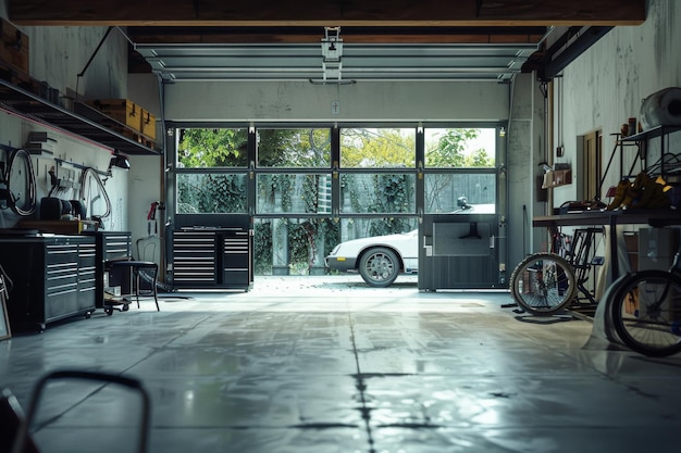 Foto eine sonnenbeleuchtete garage mit einem retro-auto draußen und organisierten werkzeugen, die ein gefühl von nostalgie und sorgfältiger handwerkskunst hervorrufen