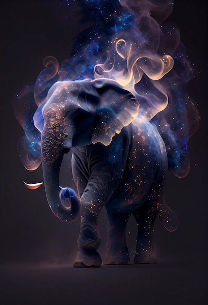 elefant in galaxiensternen mit schillerndem stil und mit der form eines elefantengesichtes