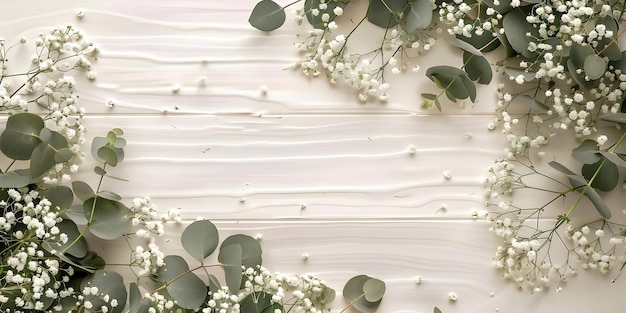 Foto elegantes hochzeitsdesktop-mockup mit gypsophila-blüten und eukalyptusblättern konzept hochzeitsdesktop-mokup gypsophilla-bläumen eukalyptiblätter elegant