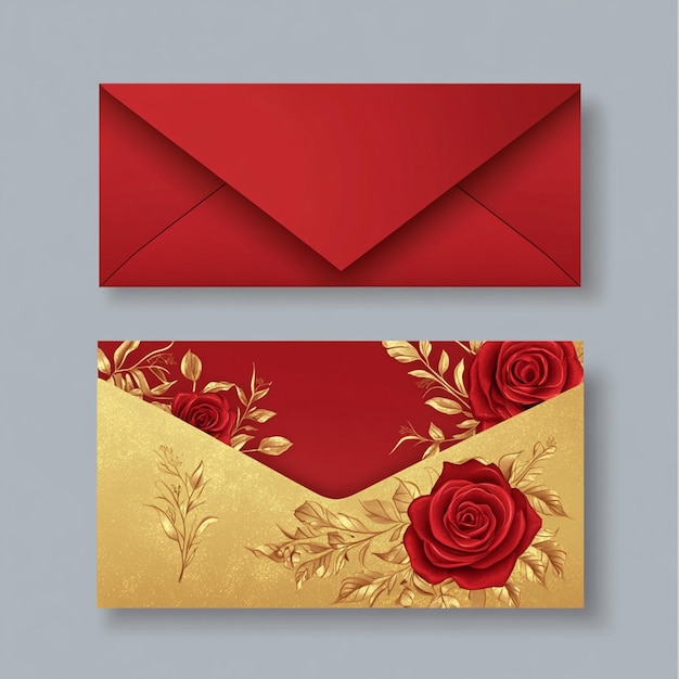 Foto envelope de convite de casamento vermelho e dourado conjunto de ilustrações vetoriais com desenho de flor de rosa para papelaria layout colagem desenho de cena evento folheto celebração de férias impressão de cartão de papel