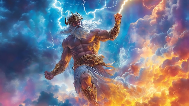 Foto epos des griechischen gottes zeus, der blitze in einen lebendigen dynamischen himmel wirft