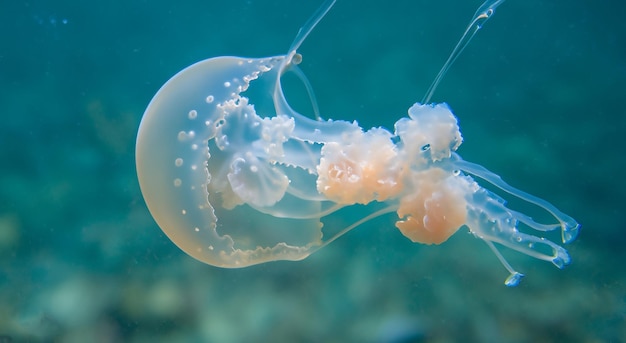 Foto erstaunliche beleuchtete quallen bewegen sich durch das wasser schwimmen in den tiefen allein mit guter beleuchtung in hoher auflösung