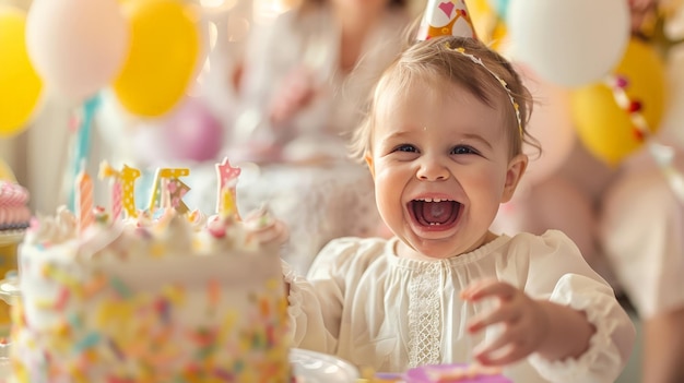 Foto erstellen sie ein bild einer ersten geburtstagsfeier mit einem festlichen kuchen und dekorationen