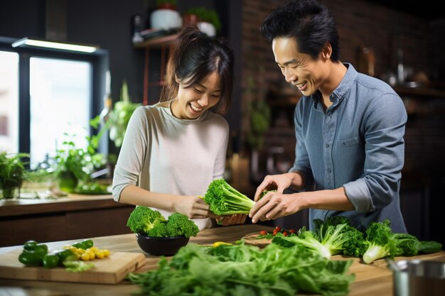 Foto erwachsenes asiatisches paar kocht zusammen veganes essen