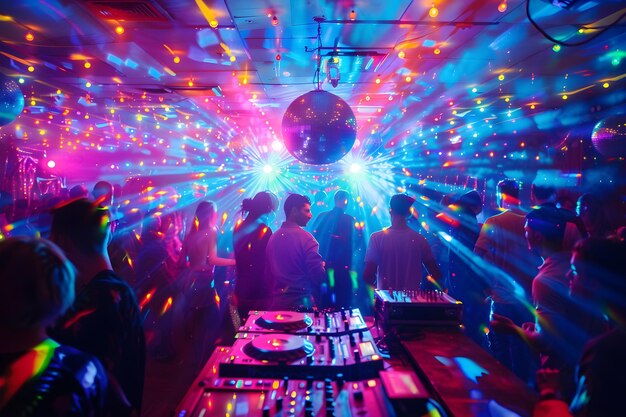 Foto escena energética de discoteca com dj e multidão dançando sob luzes multicoloridas vibrantes