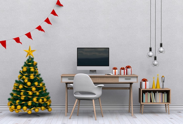 Espaço de trabalho interior de Natal com computador. 3d render