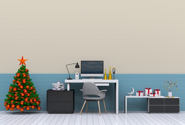 Espaço de trabalho interior de Natal com computador. 3d render