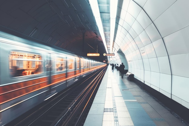 Foto estação de metrô com tráfego desfocado e multidão estação de metro moderna com pessoas