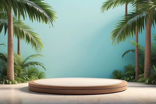 Estande de pódio de mesa em fundo de palmeira tropical para colocação de produto renderização 3D