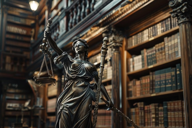 Foto estátua da justiça na biblioteca símbolo da sabedoria jurídica