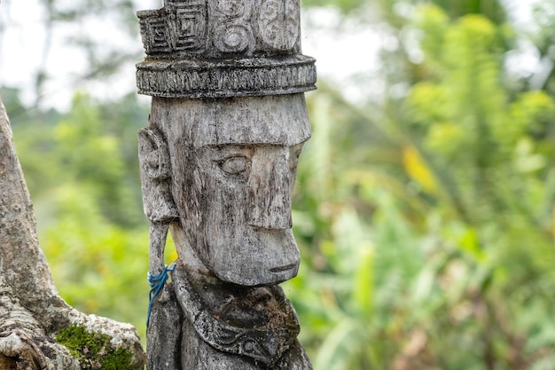 Estátua de madeira antiga balinesa na rua na ilha de Ubud Bali Indonésia Estas figuras dos deuses protegem a casa dos espíritos malignos Closeup