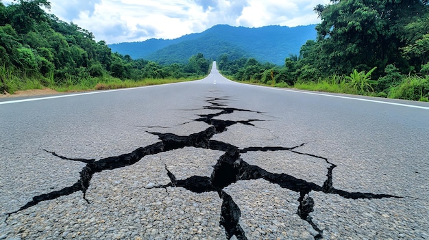 Foto estrada de asfalto rachada que leva à cordilheira após o terremoto em pahang