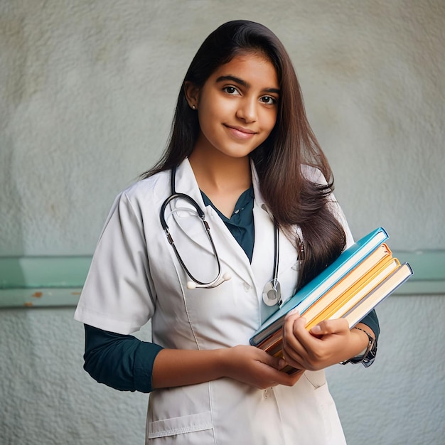 Estudante de medicina indiana segurando livros na mão vestindo um avental branco