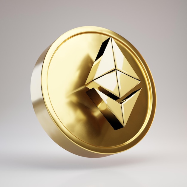 Ethereum-Kryptowährungsmünze. Gold 3d gerenderte Münze mit Ethereum-Symbol auf weißem Hintergrund.