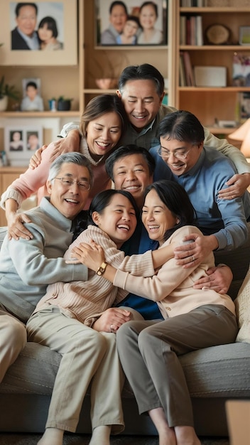 Foto família asiática feliz abraçando-se no sofá na sala de estar de casa