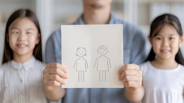 Foto família feliz segurando um desenho de figuras de madeira