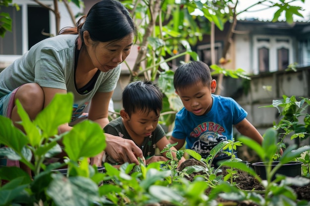 Foto familie, die gemeinsam im garten arbeitet