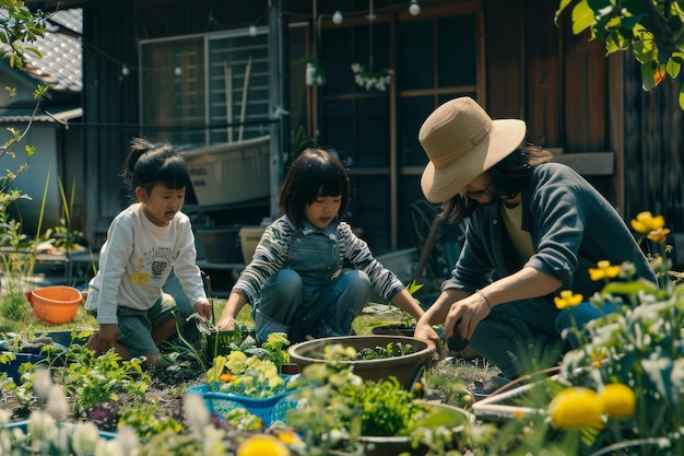 Foto familie, die gemeinsam im garten arbeitet