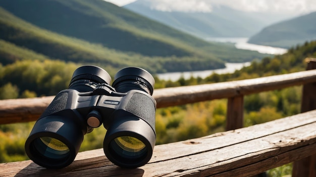 Foto ferngläser auf einem holzgeländer mit blick auf eine malerische berg- und flusslandschaft