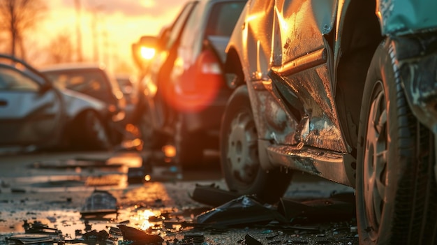 Filas de carros destroçados em um estacionamento de depósito vidro quebrado pára-choques danificados