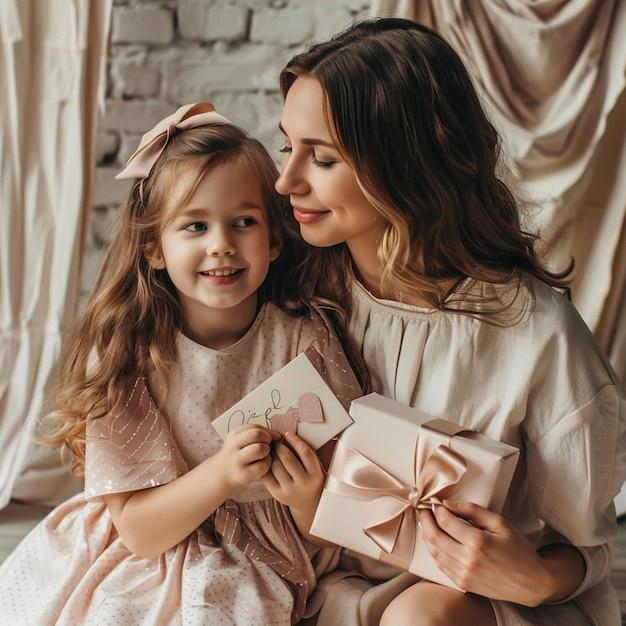 Foto filha bonita dando presente para sua mãe simbolismo de feliz celebração do dia da mãe