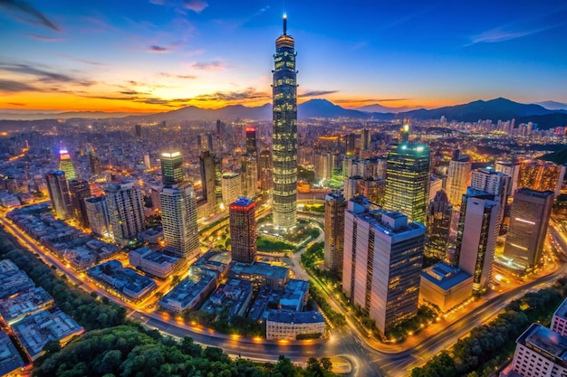 Foto fischenaufnahme von der innenstadt von taipei in der dämmerung, der lebendigen hauptstadt taiwans mit dem 101 tower, der inmitten von wolkenkratzern im geschäftsviertel von xinyi herausragt.