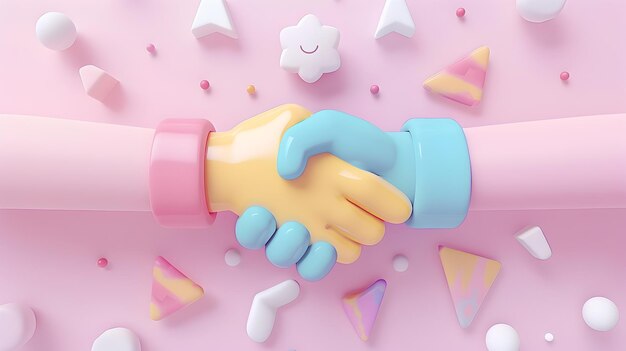 Foto flecha de barro 3d apontando para acordo de negócios de aperto de mão em estilo de arte kawaii pastel