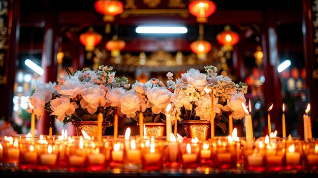 Foto flores brancas e velas no templo chinês religião espiritualidade adoração oferecendo budismo cultura asia fé crença religiosa tradicional deus oriental oferecendo paz luz chama esperança