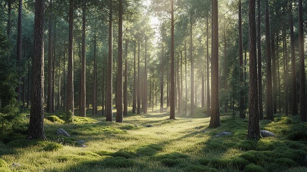 Foto floresta de pinheiros iluminada pelo sol com majestosas árvores altas