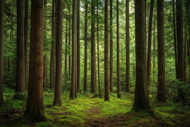 Foto floresta serena de altas árvores perenes