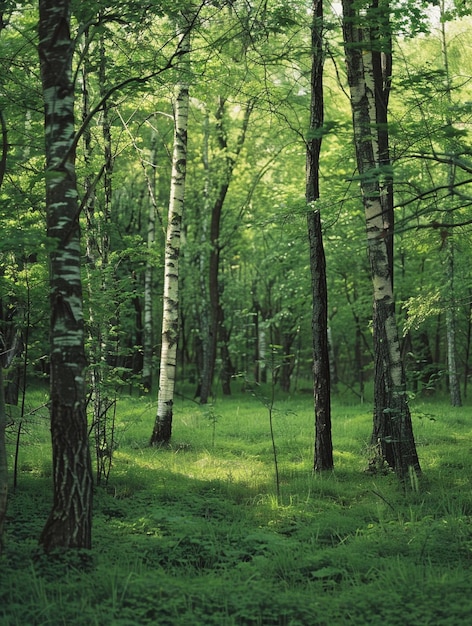 Foto floresta verde serena com a luz solar filtrando através das árvores