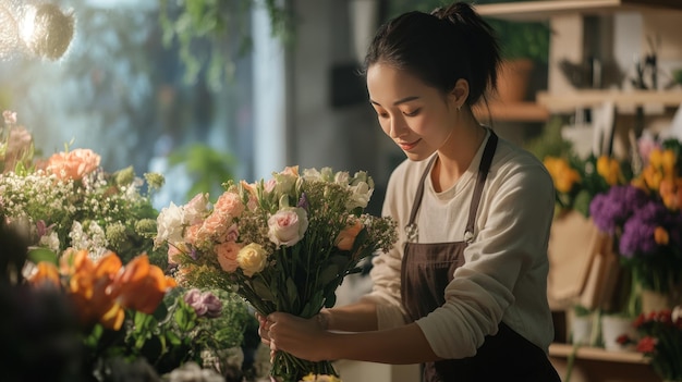 Foto florista com belas flores na oficina uma arranjadora de flores arrumando seu buquê