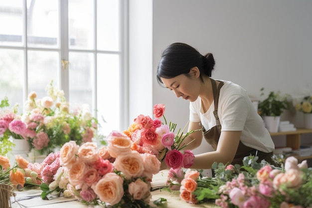 Foto florista no trabalho com mãos hábeis