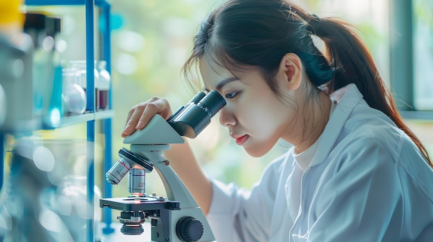 Foto fokussierte asiatische wissenschaftlerin verwendet ein mikroskop für tiefgreifende forschung und zeigt präzision und expertise im labor für hochmoderne wissenschaftliche entdeckungen