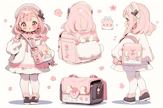 Folha de reviravolta de design de personagem de menina de anime fofo estilo de moda kawaii modelo de personagem de anime