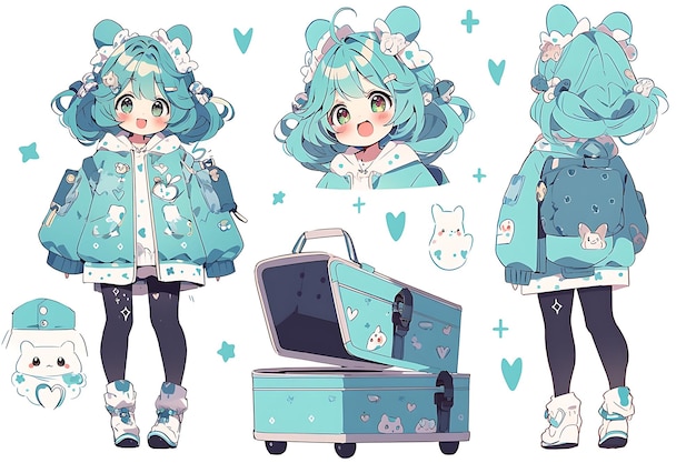 Folha de reviravolta de design de personagem de menina de anime fofo estilo de moda kawaii modelo de personagem de anime