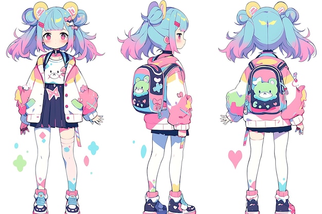 Folha de reviravolta de design de personagem de menina de anime fofo estilo de moda kawaii modelo de personagem de anime